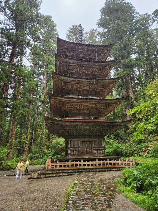 The beautiful Dewa Sanzan five-story pagoda among cedar trees