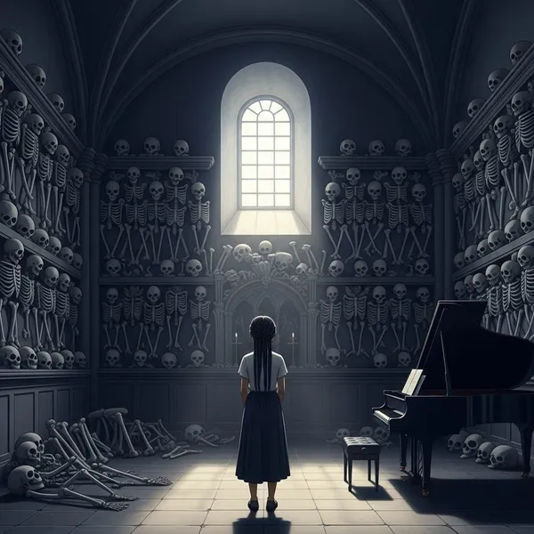 Bone chapel inspired room with little girl and piano